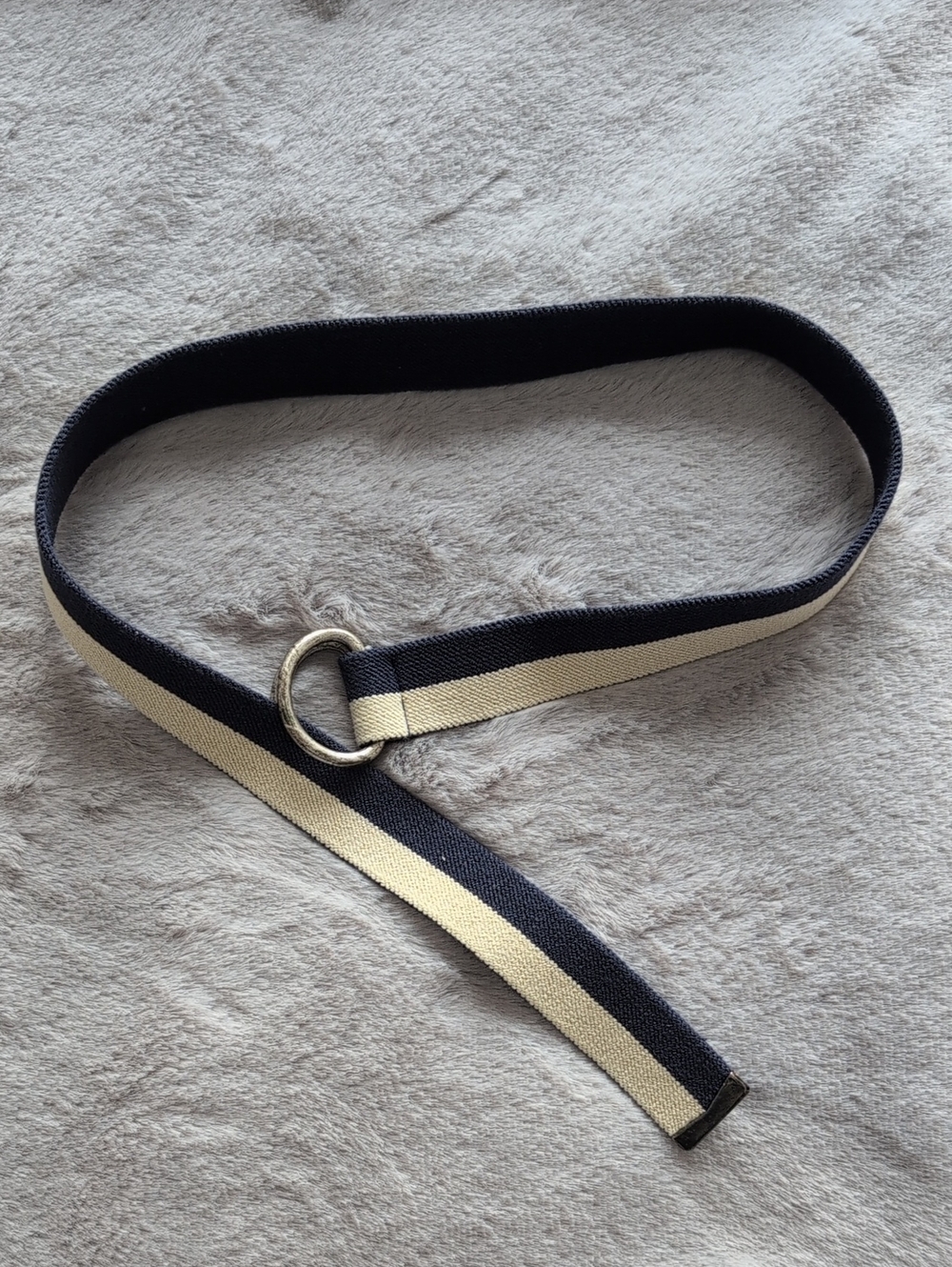 Ikks Navy and Cream Striped Fabric Stretch D-Ring Belt